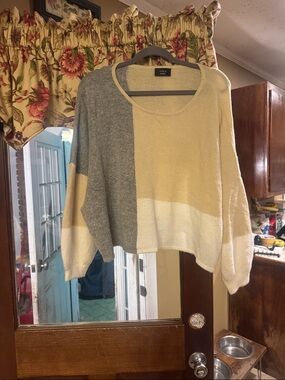 Vici Colorblock Scoop Neck Cropped Sweater in Cream, Gray & Yellow